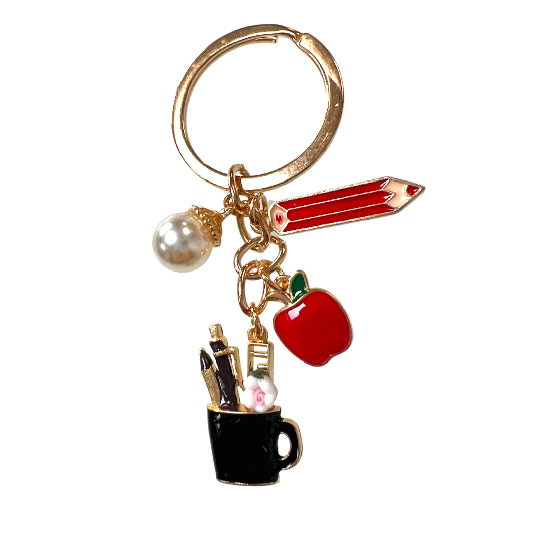 Novelty tea cup, pencil, apple teacher key ring gift