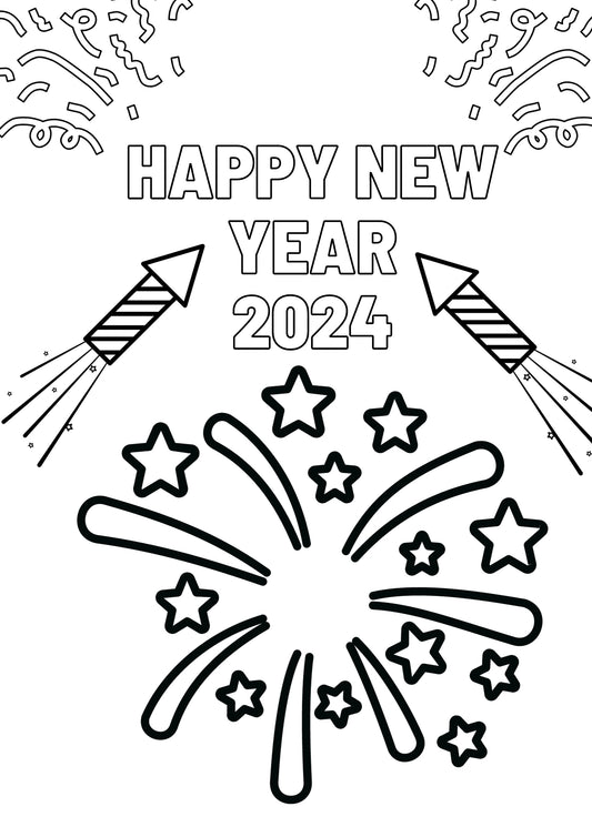 Happy New Year 2024, colouring firework page Digital Download Resource