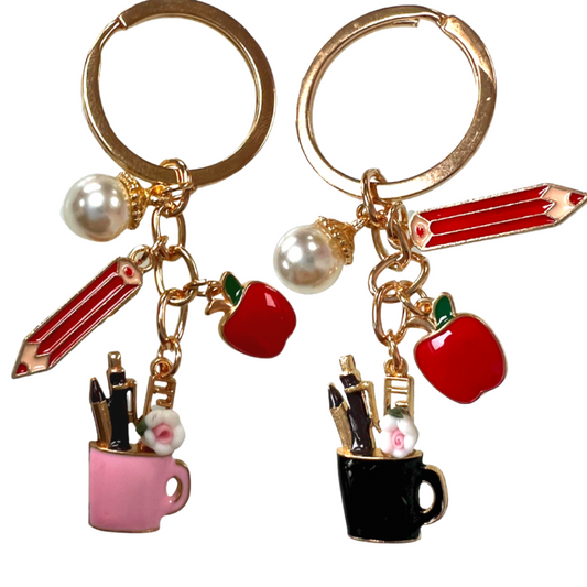 Novelty tea cup, pencil, apple teacher key ring gift